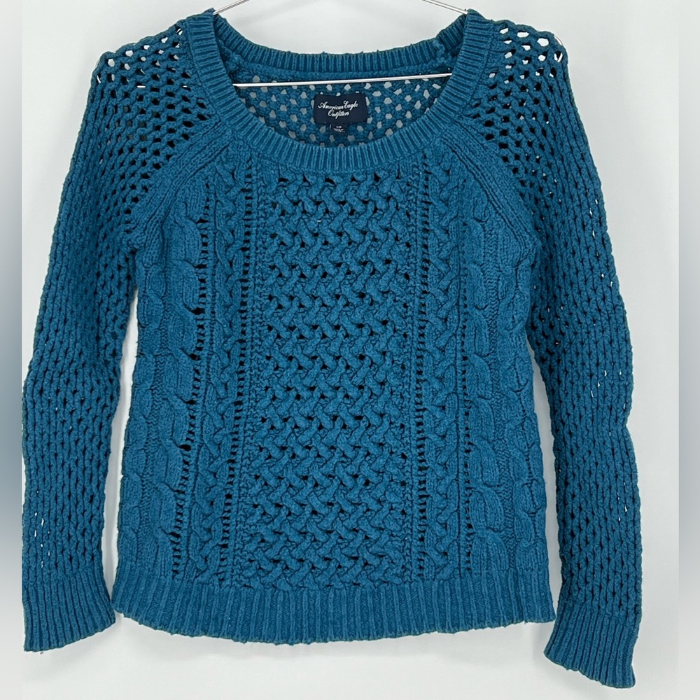 American Eagle Outfitters‎ teal blue open-knit cable knit pullover sweater
